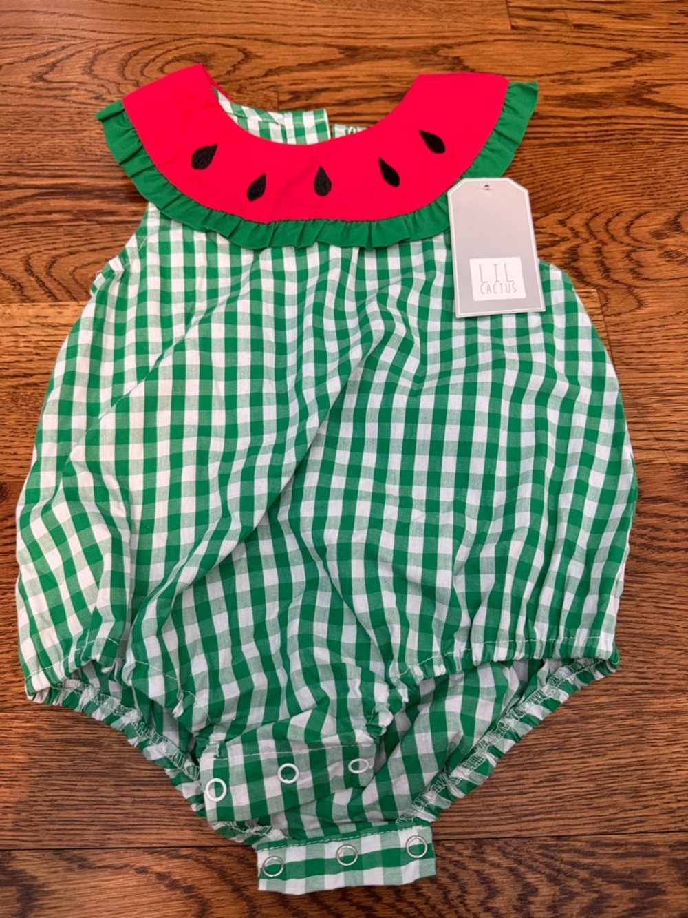 Cactus Green Gingham Romper with Watermelon Collar
